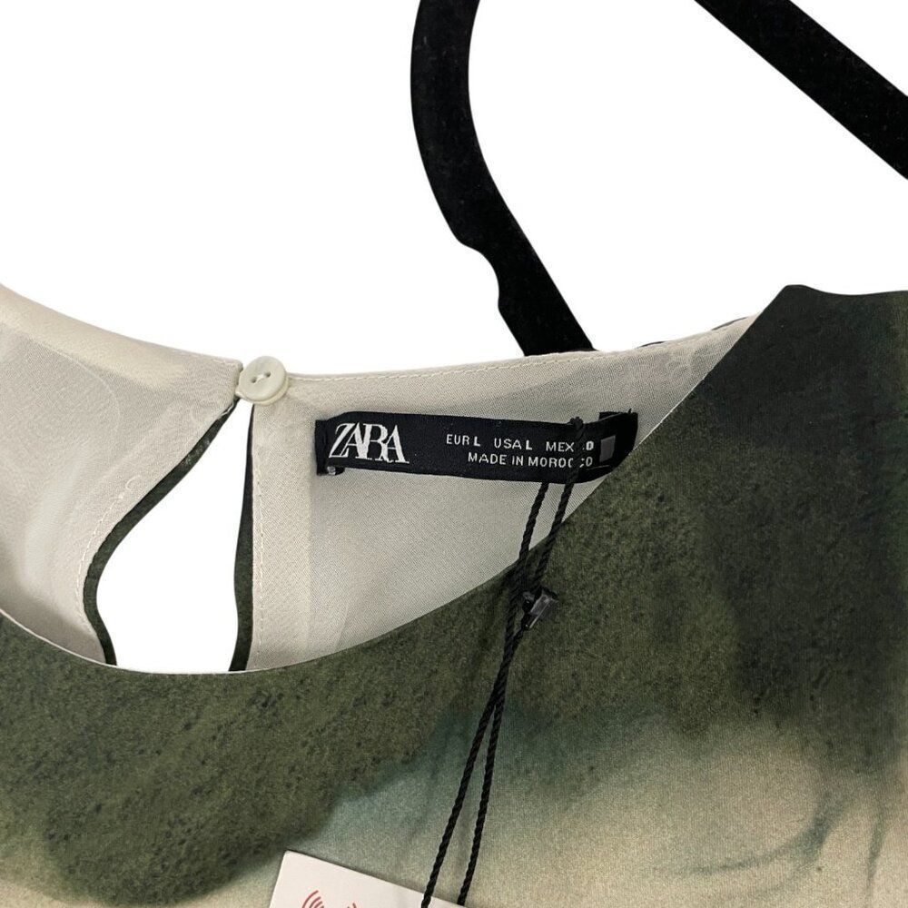 Zara Womens Midi Dress L Green Printed Satin Effect Short Sleeve 2362/119 NWT - Picture 4 of 15